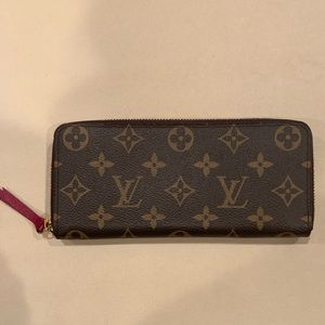 Authentic Brown Monogram Louis Vuitton Clemence Wallet with Fuchsia Interior